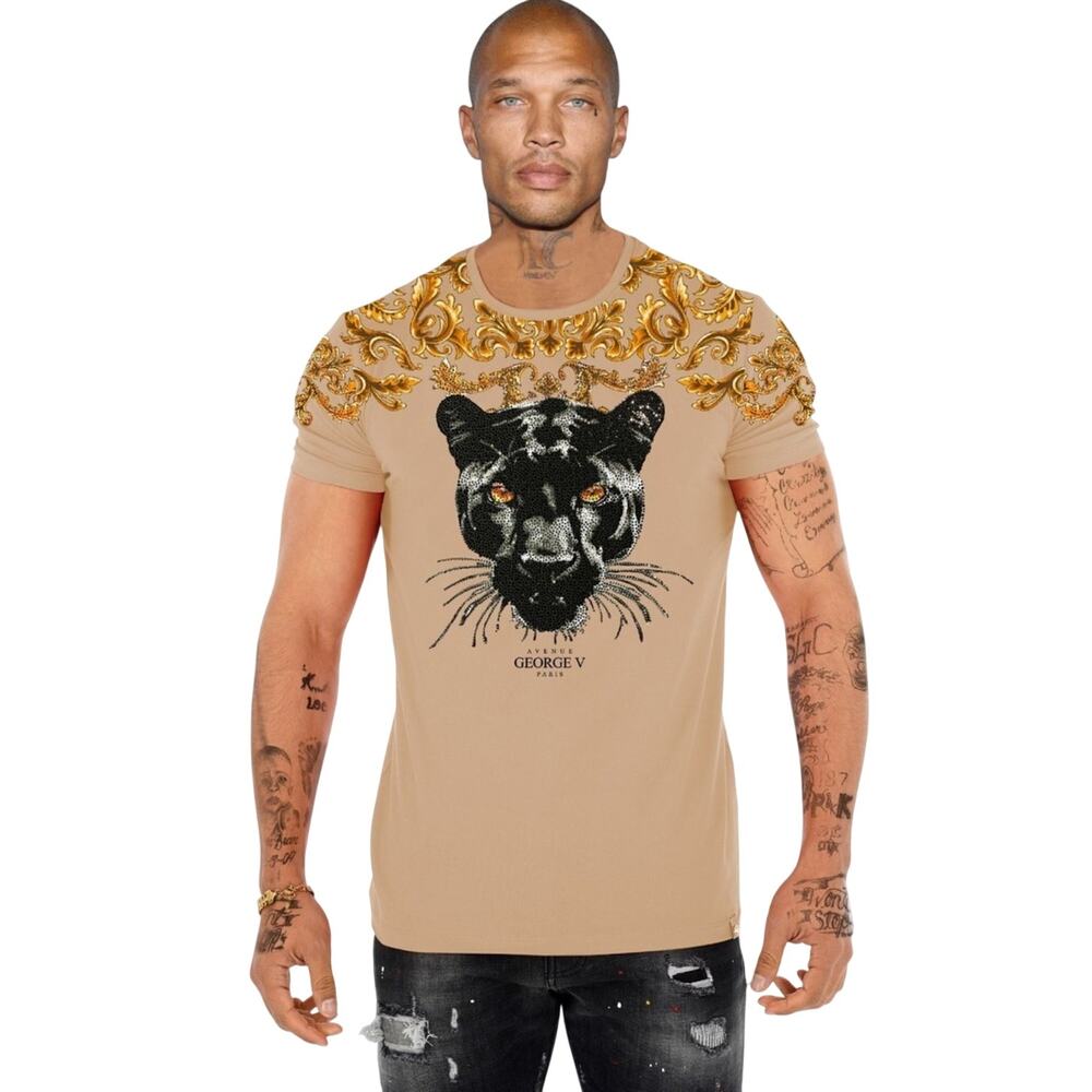 Avenue George V beige‎ black panther rhinestone short sleeve mens shirt SIZE XXL